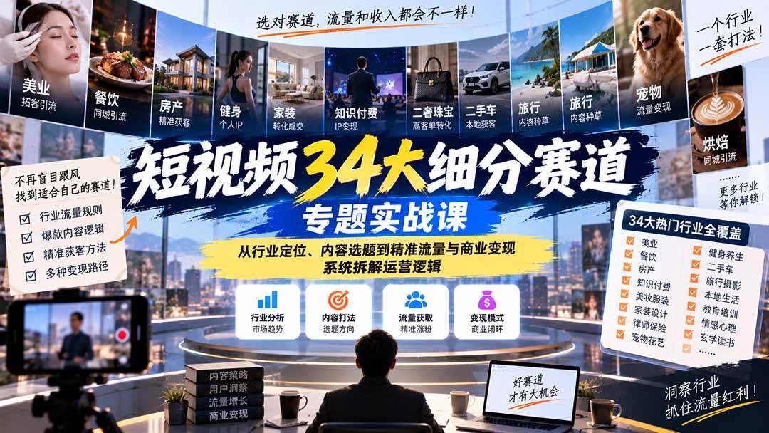 （20600期）短视频34大细分赛道专题实战课：从行业定位、内容选题到精准流量与商业变现，系统拆解运营逻辑-离锋创库