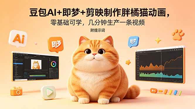 （18431期）豆包AI+即梦+剪映制作胖橘猫动画，零基础可学，几分钟生产一条视频，附提示词-离锋创库