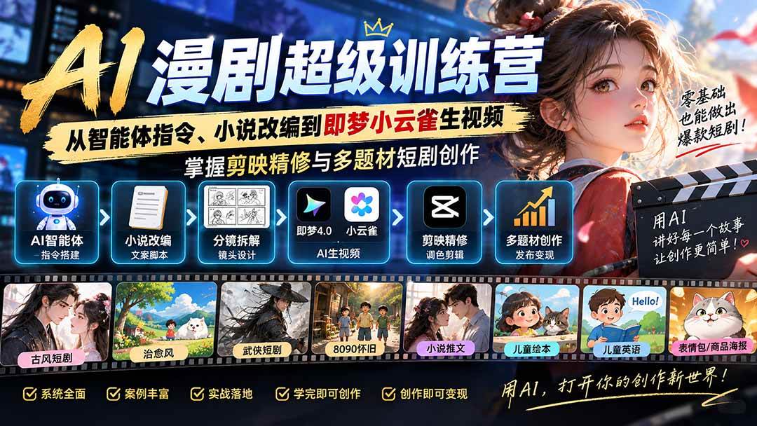 （20491期）AI漫剧超级特训营：从智能体指令、小说改编到即梦小云雀生视频，掌握剪映精修与多题材短剧创作-离锋创库
