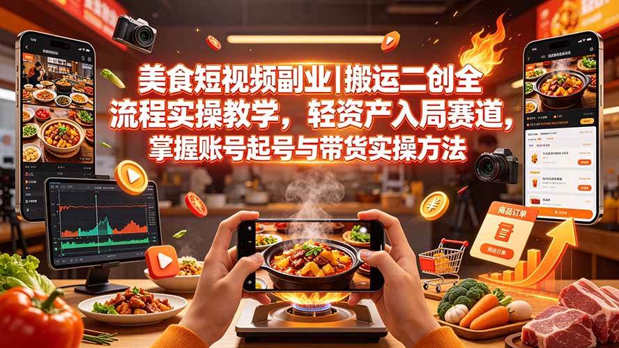 （19535期）美食短视频副业｜搬运二创全流程实操教学，轻资产入局赛道，掌握账号起号与带货实操方法-离锋创库
