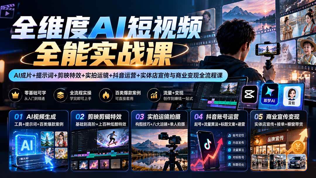 （20768期）【无水印】全维度AI短视频全能实战课：AI成片+提示词+剪映特效+实拍运镜+抖音运营+实体店宣传与商业变现全流程课-离锋创库