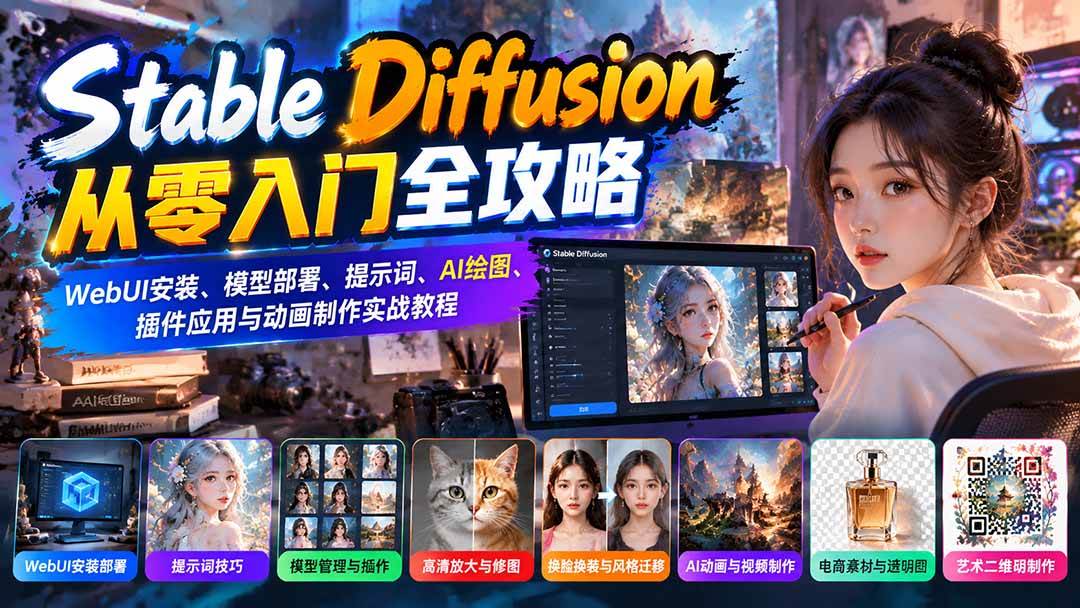 （21062期）Stable Diffusion从零入门全攻略：WebUI安装、模型部署、提示词、AI绘图、插件应用与动画制作实战教程-离锋创库