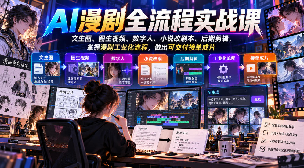 AI漫剧全流程实战课，文生图、图生视频、数字人、小说改剧本、后期剪辑，掌握漫剧工业化流程，做出可交付接单成片-离锋创库