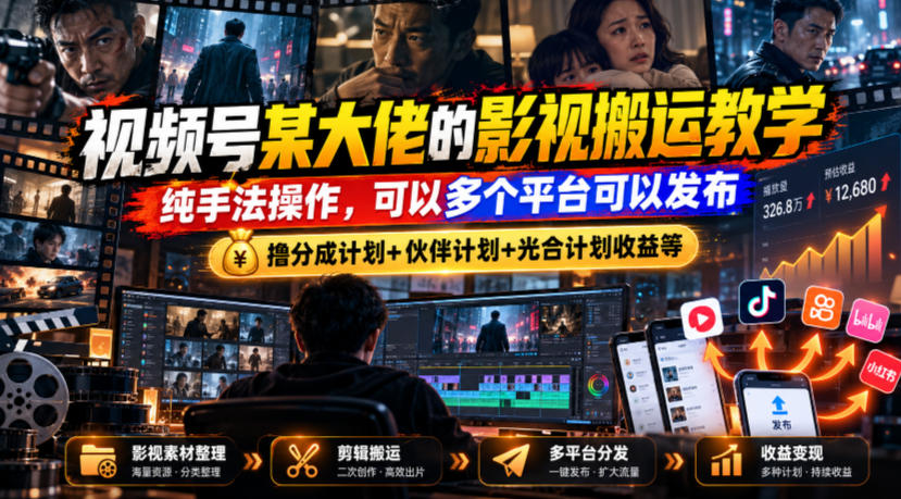 视频号某大佬的影视搬运教学,纯手法操作,可以多个平台可以发布,撸分成计划+伙伴计划+光合计划收益等-离锋创库