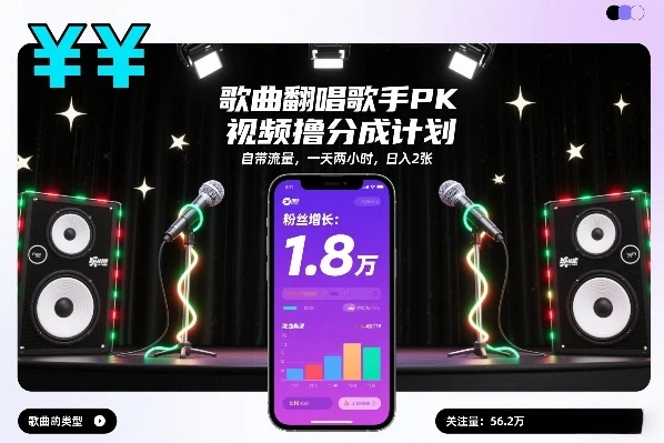 歌曲翻唱歌手PK视频撸分成计划，自带流量，一天两小时，日入2张-离锋创库