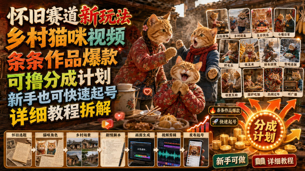 怀旧赛道新玩法,乡村猫咪视频,条条作品爆款,可撸分成计划,新手也可快速起号,详细教程拆解-离锋创库