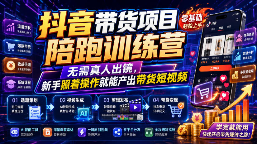 抖音带货项目陪跑训练营，无需真人出镜，新手照着操作就能产出带货短视频（更新0811）-离锋创库