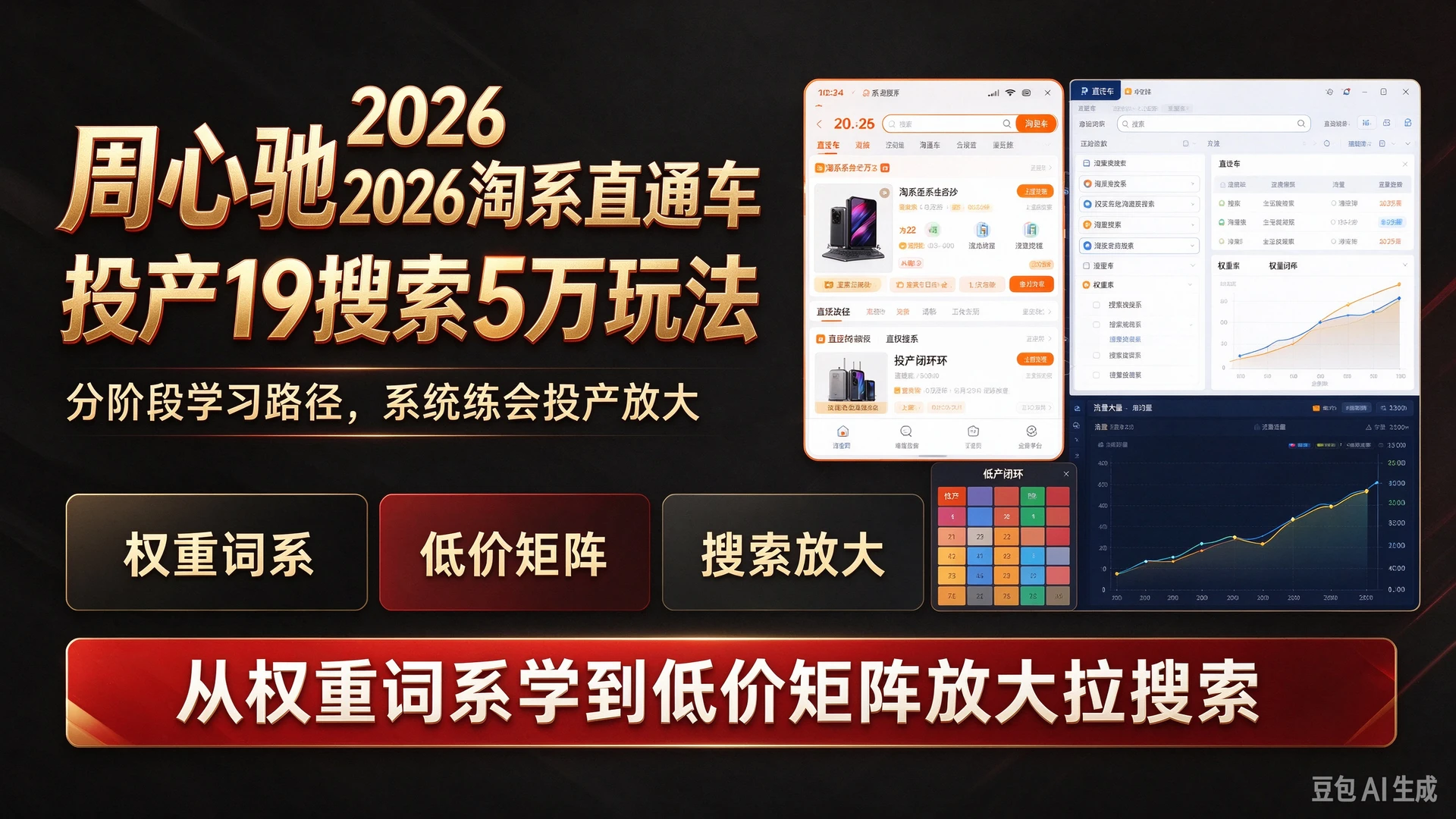 【精】周心驰2026淘系直通车投产19搜索5万玩法，规划分阶段学习路径，从权重词系学到低价矩阵放大拉搜索-离锋创库