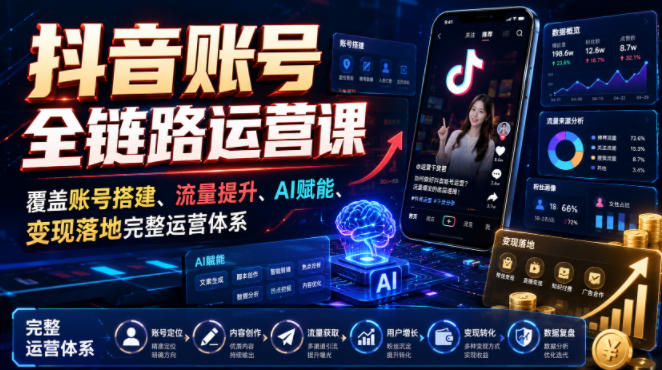 抖音账号全链路运营课,覆盖账号搭建、流量提升、AI赋能、变现落地完整运营体系-离锋创库
