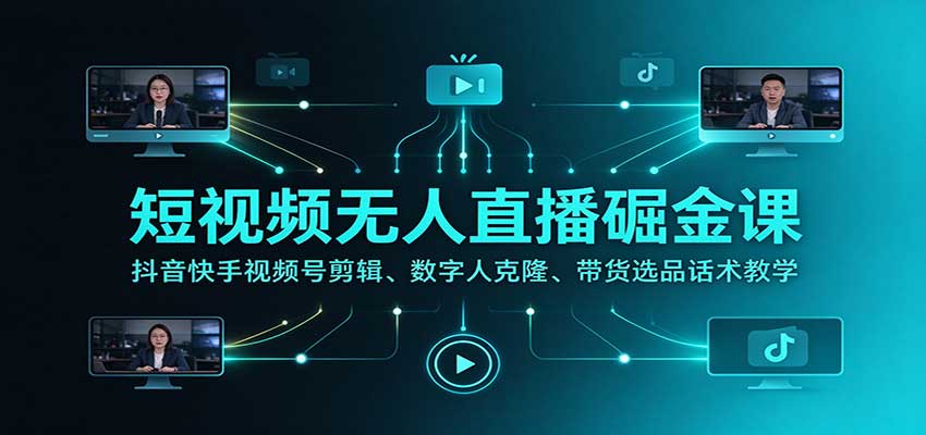 短视频无人直播掘金课：抖音快手视频号剪辑、数字人克隆、带货选品话术教学-离锋创库