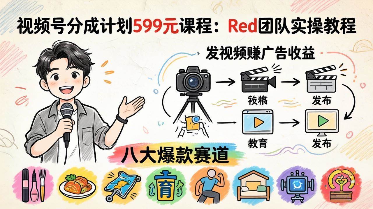 （18088期）视频号分成计划599元课程：Red团队实操教程，发视频赚广告收益，八大爆款赛道全掌握-离锋创库