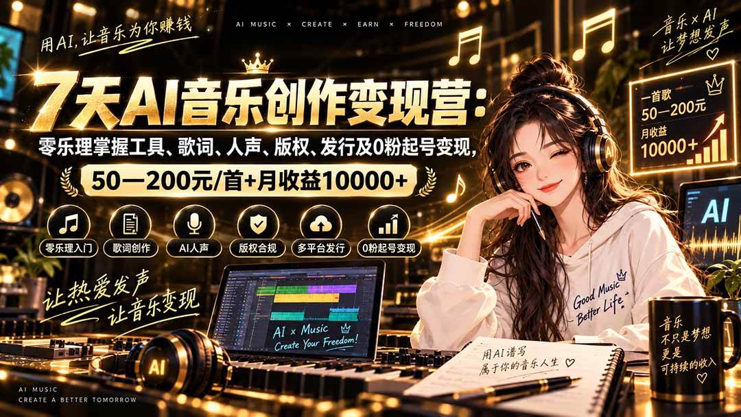（20442期）AI音乐创作变现营：零乐理掌握工具、歌词、人声、版权、发行及0粉起号变现，50—200元/首+月收益10000+-离锋创库