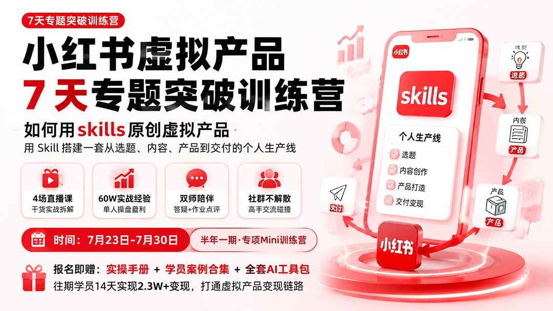 （19817期）小红书虚拟产品7天专题突破训练营，如何用skills原创虚拟产品，用Skil搭建一套从选题、内容、产品到交付的个人生产线-离锋创库