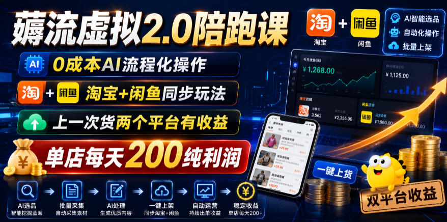 薅流虚拟2.0陪跑课，0成本AI流程化操作，淘宝+闲鱼同步玩法，上一次货两个平台有收益，单店每天200纯利润-离锋创库