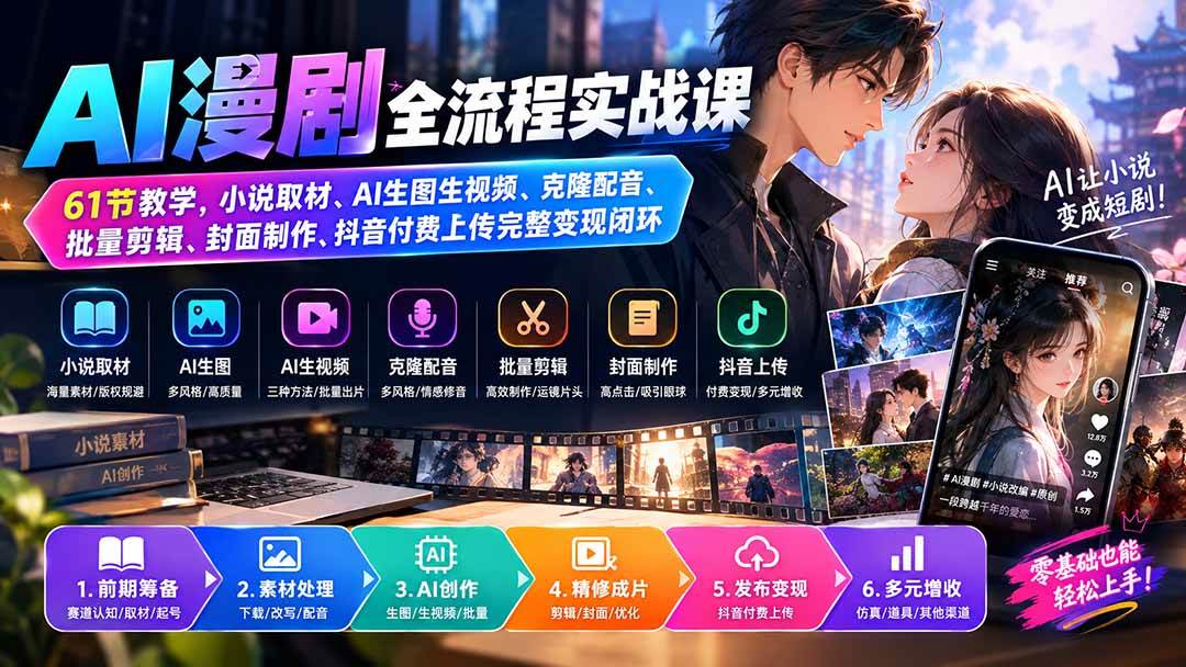 （20199期）AI漫剧全流程实战课｜61节教学，小说取材、AI生图生视频、克隆配音、批量剪辑、封面制作、抖音付费上传完整变现闭环-离锋创库