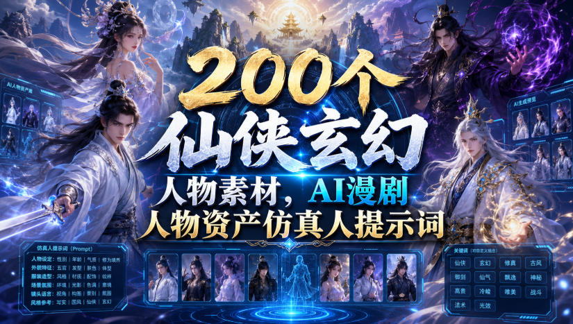 200个仙侠玄幻人物素材，AI漫剧人物资产仿真人提示词-离锋创库