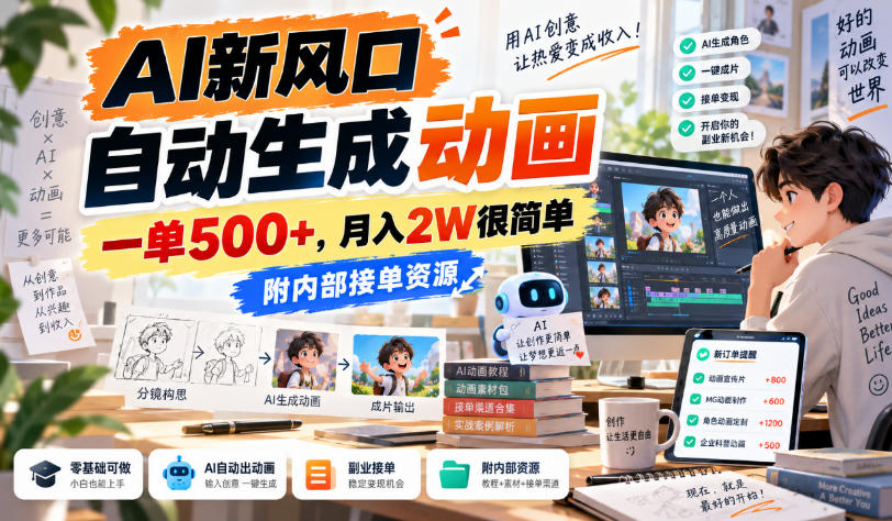 AI新风口，自动生成动画，一单500+，月入2W很简单，附内部接单资源【揭秘】-离锋创库