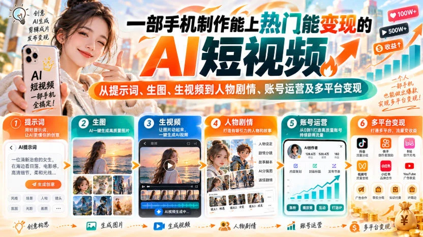 【精】一部手机制作能上热门能变现的AI短视频,从提示词、生图、生视频到人物剧情、账号运营及多平台变现-离锋创库