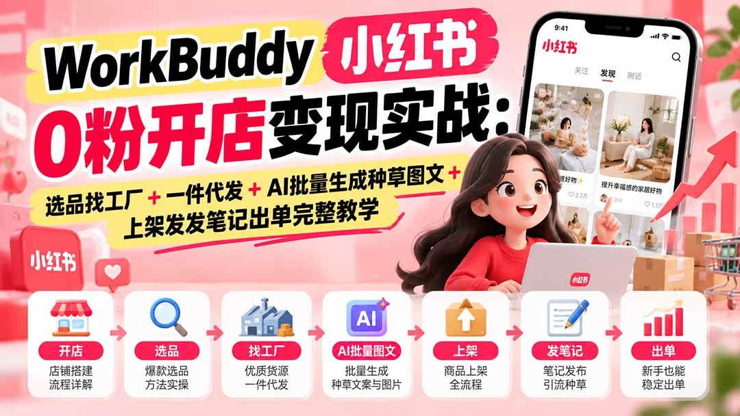 (20801期)WorkBuddy小红书0粉开店变现实战:选品找工厂+一件代发+AI批量生成种草图文+上架发发笔记出单完整教学-离锋创库