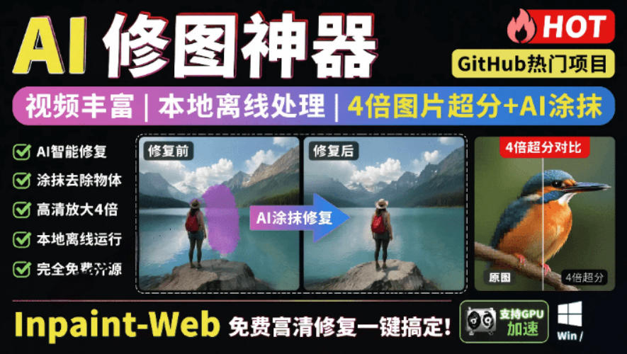 本地离线处理，4倍图片超分+AI涂抹去水印！Github上热门神器，免费高清修复图一键搞定！Inpaint-Web-离锋创库