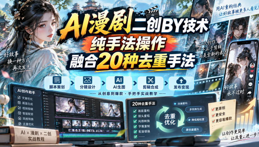 AI漫剧二创搬运技术，纯手法操作，融合20种去重手法-离锋创库