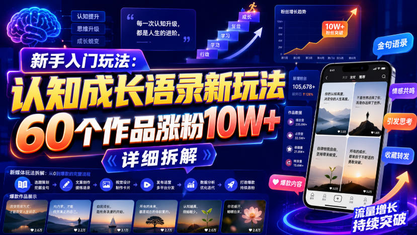 新手入门玩法：认知成长语录新玩法，60个作品涨粉10W+，详细拆解-离锋创库