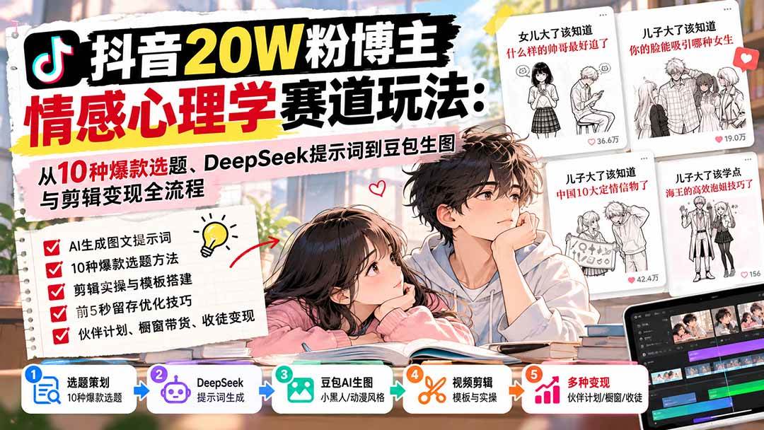 （20688期）抖音20W粉博主-情感心理学赛道玩法：从10种爆款选题、DeepSeek提示词到豆包生图与剪辑变现全流程-离锋创库