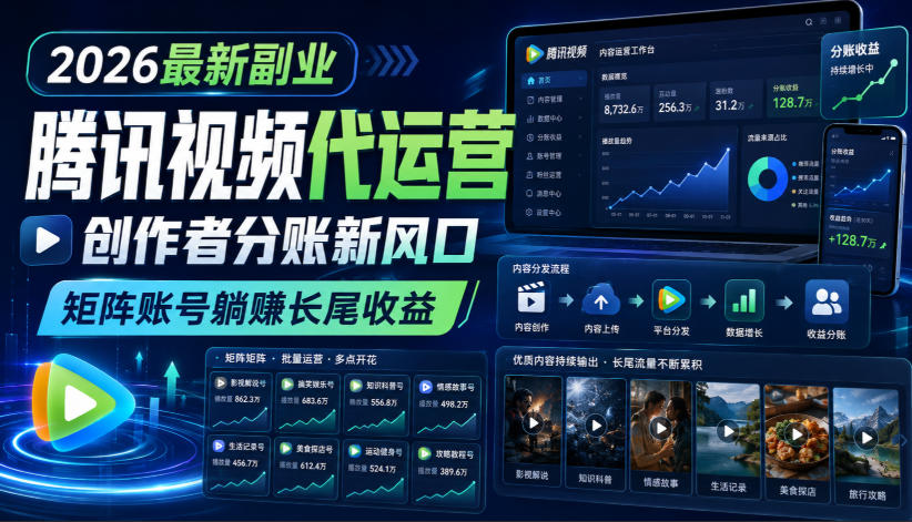 2026最新副业之腾讯视频代运营：创作者分账新风口，矩阵账号躺賺长尾收益【揭秘】-离锋创库