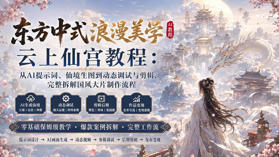 (20147期)东方中式浪漫美学云上仙宫教程:从AI提示词、仙境生图到动态调试与剪辑,完整拆解国风大片制作流程-离锋创库