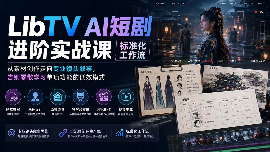 （19836期）LibTV AI短剧进阶实操课标准化工作流；从素材创作走向专业镜头叙事，告别零散学习单项功能的低效模式-离锋创库