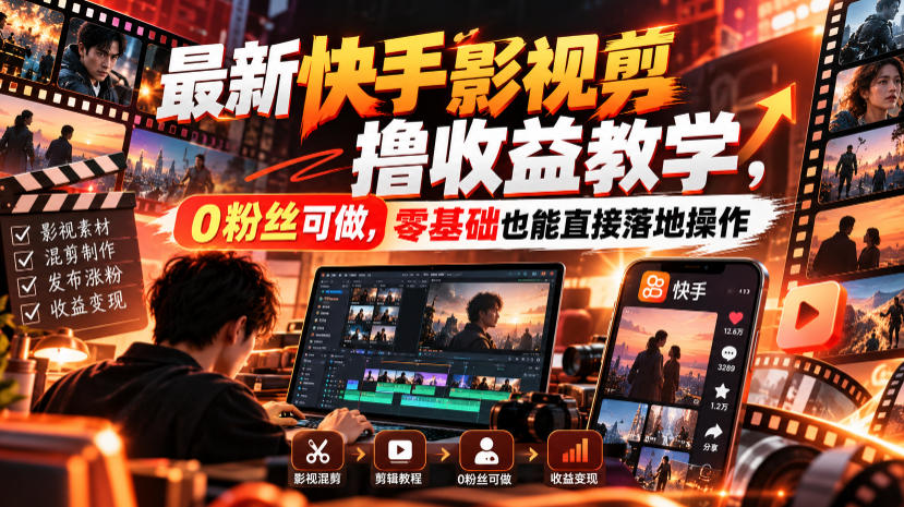 最新快手影视混剪撸收益教学，0粉丝可做，零基础也能直接落地操作-离锋创库