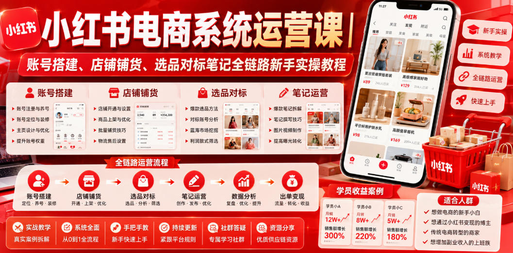 小红书电商系统运营课|账号搭建、店铺铺货、选品对标笔记全链路新手实操教程-离锋创库