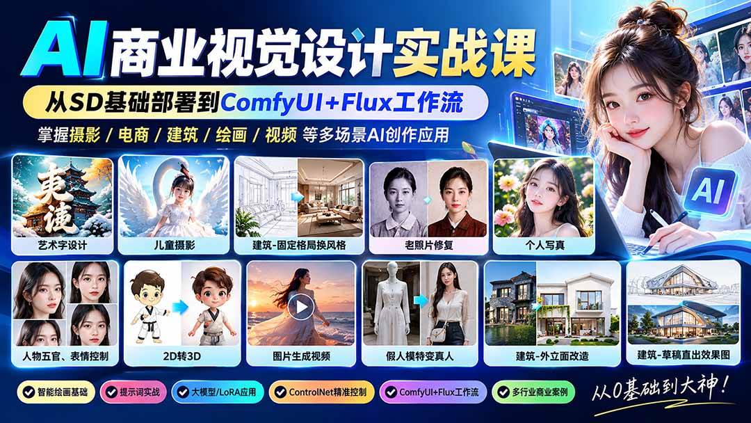 (20824期)【无水印】AI商业视觉设计实战课:从SD基础部署到ComfyUI+Flux工作流,掌握摄影电商建筑AI创作-离锋创库