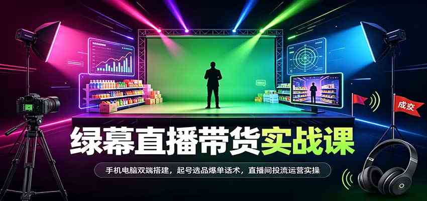 绿幕直播带货实战课：手机电脑双端搭建，起号选品爆单话术，直播间投流运营实操-离锋创库