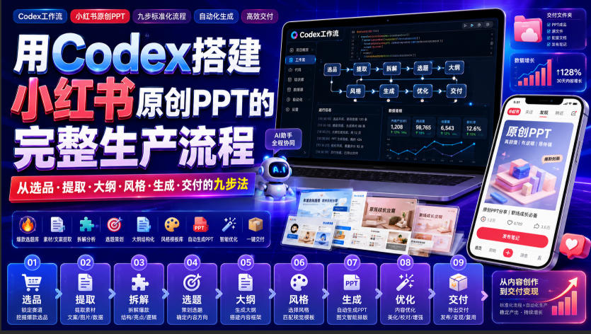 用Codex搭建小红书原创PPT的完整生产流程，从选品·提取·大纲·风格·生成·交付的九步法-离锋创库