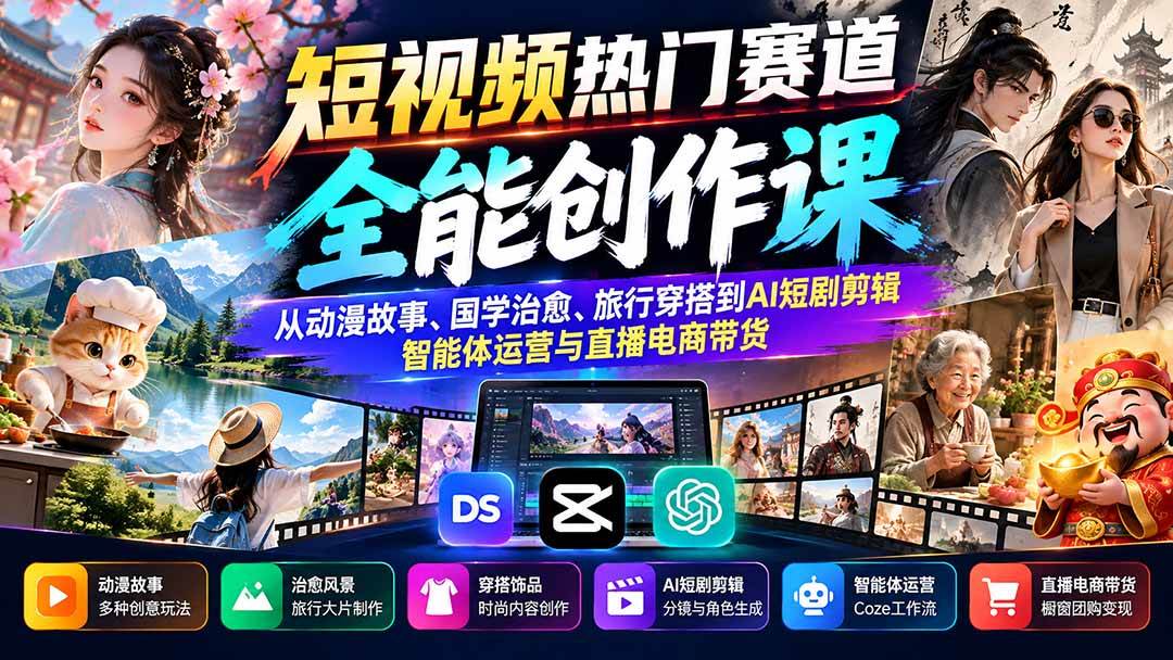 （20956期）短视频热门赛道全能创作课：从动漫故事、国学治愈、旅行穿搭到AI短剧剪辑、智能体运营与直播电商带货-离锋创库