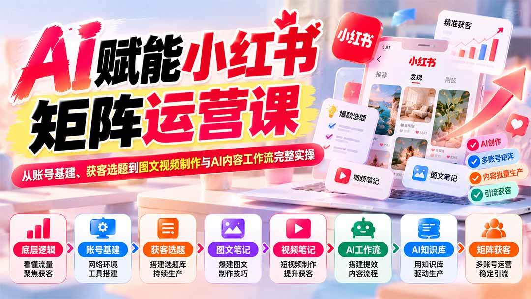 (20822期)AI赋能小红书矩阵运营课:从账号基建、获客选题到图文视频制作与AI内容工作流完整实操-离锋创库