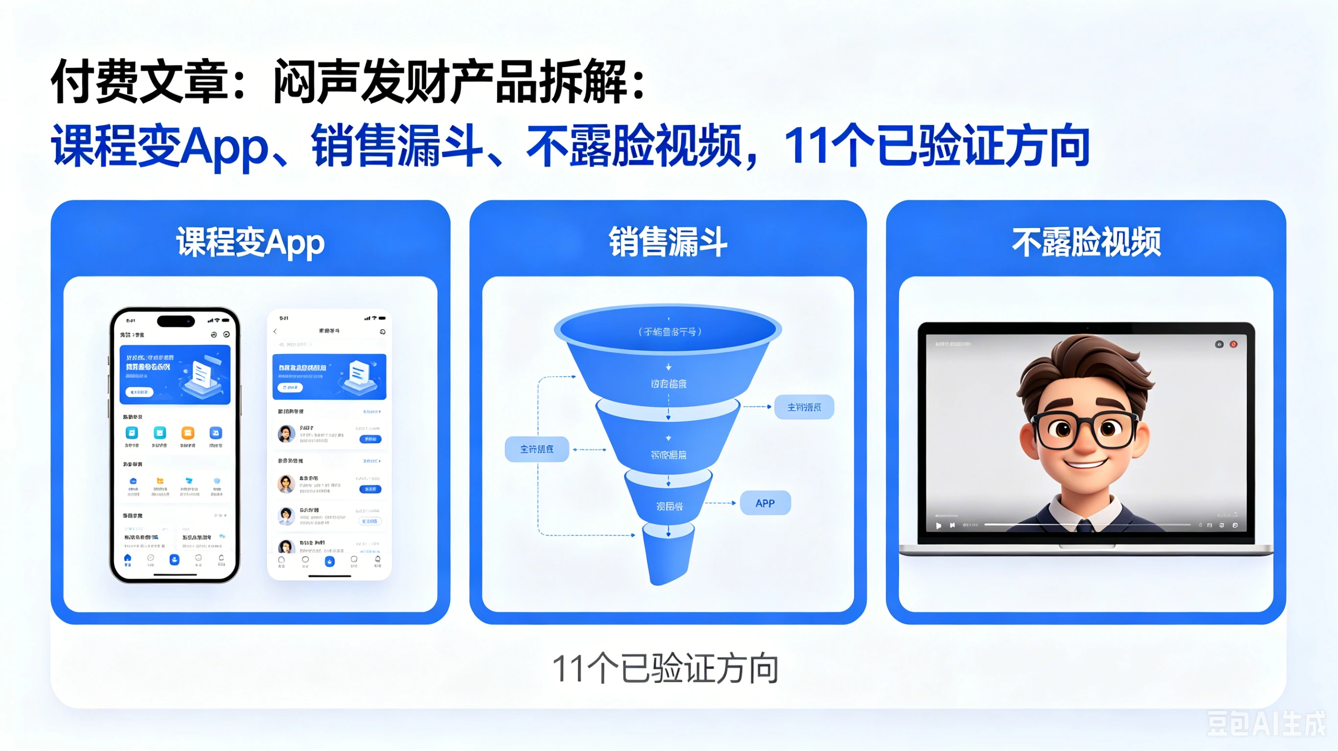 【精】付费文章：闷声发财产品拆解：课程变App、销售漏斗、不露脸视频，11个已验证方向-离锋创库