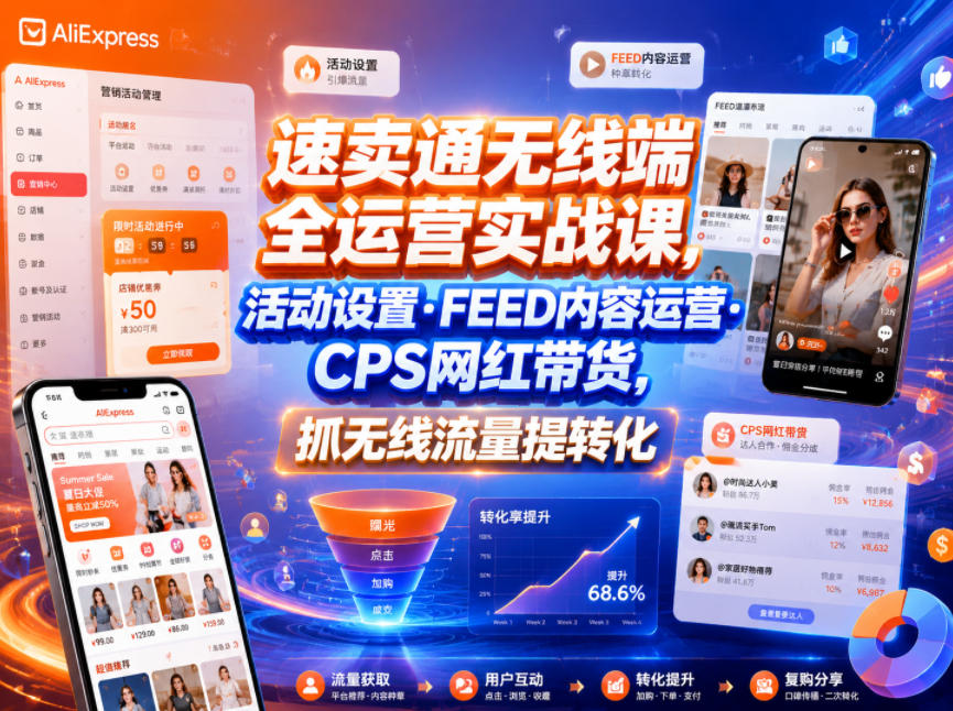 速卖通无线端全运营实战课，活动设置・FEED内容运营・CPS网红带货，抓无线流量提转化-离锋创库