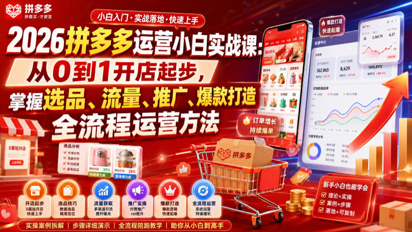 2026拼多多运营小白实战课:从0到1开店起步,掌握选品、流量、推广、爆款打造全流程运营方法-离锋创库
