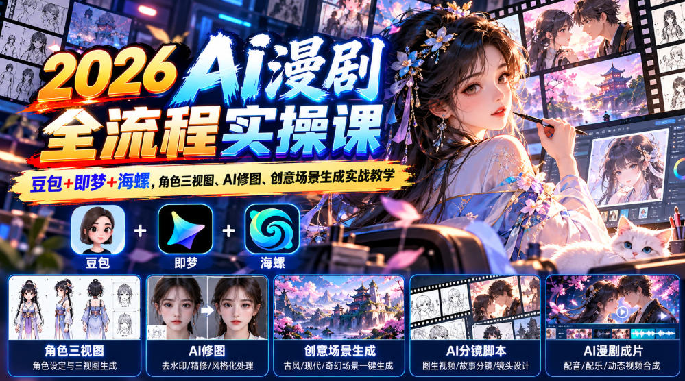 【无水印】2026 AI漫剧全流程实操课｜豆包+即梦+海螺，角色三视图、AI修图、创意场景生成实战教学-离锋创库