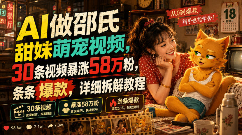 AI做邵氏甜妹萌宠视频，30条视频暴涨58万粉，条条爆款，详细拆解教程-离锋创库