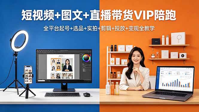 （18319期）短视频+图文+直播带货VIP陪跑，全平台起号+选品+实拍+剪辑+投放+变现全教学-离锋创库