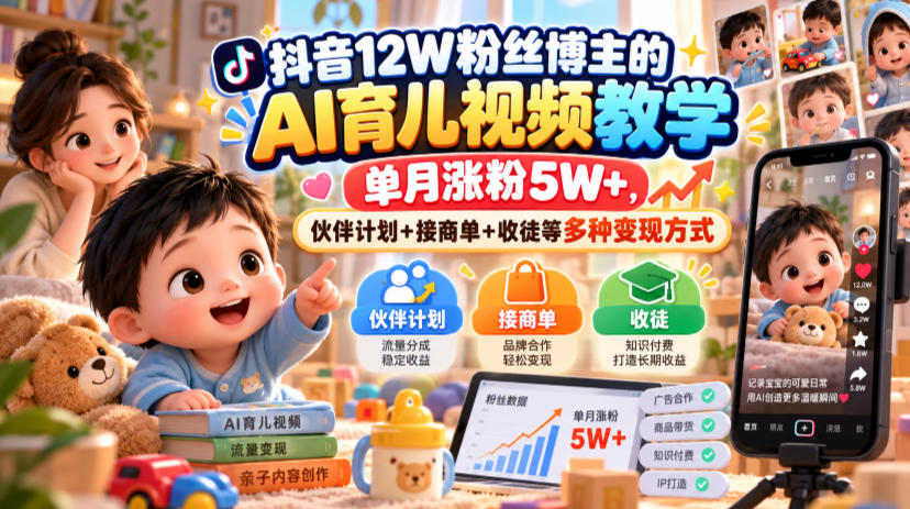 抖音12W粉丝博主的AI育儿视频教学，单月涨粉5W+，伙伴计划+接商单+收徒等多种变现方式-离锋创库
