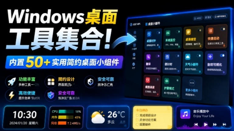 Windows桌面工具集合！内置50+实用简约桌面小组件，含截图、录屏、翻译、天气等，多秘工具箱-离锋创库
