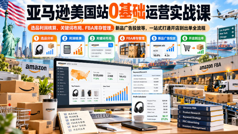 亚马逊美国站0基础运营实战课|选品利润核算、关键词布局、FBA库存管理、新品广告投放等,一站式打通开店到出单全流程-离锋创库