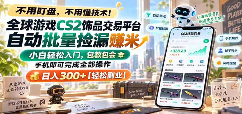 全球游戏CS2饰品交易平台自动批量捡漏赚米，手机即可完成全部操作，日入300+-离锋创库