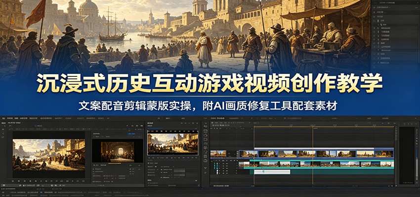沉浸式历史互动游戏视频创作教学：文案配音剪辑蒙版实操，附AI画质修复工具配套素材-离锋创库