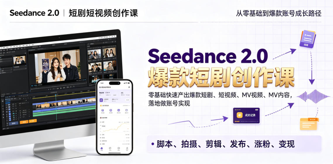 Seedance 2.0短剧短视频创作课，零基础快速产出爆款短剧、短视频、MV内容，落地做账号实现变现-离锋创库
