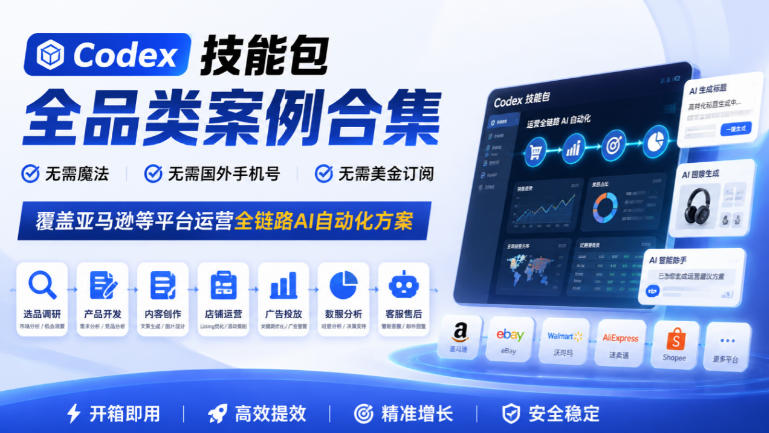 Codex技能包全品类案例合集，无需魔法、无需国外手机号、无需美金订阅，覆盖亚马逊等平台运营全链路AI自动化方案-离锋创库